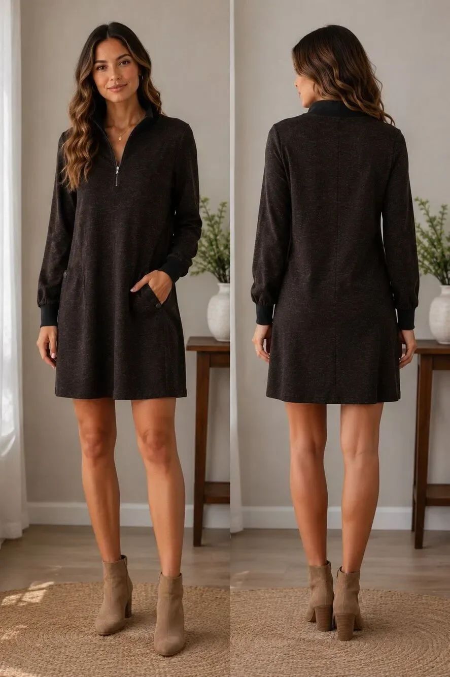 CAbi mock neck A-line sweater midi dress size M 1/4 zip brown/black pockets comf